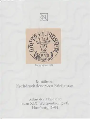 Sonderdruck Rumänien Nr. 1 Neudruck Salon Hamburg 1984 FAKSIMILE