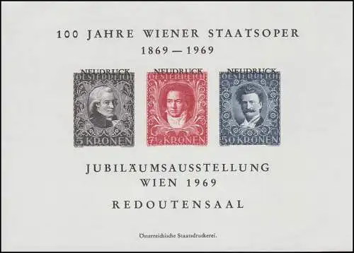 Gedenkblatt 100 Jahre Wiener Staatsoper 1869-1969 mit Neudrucke 419, 420, 423