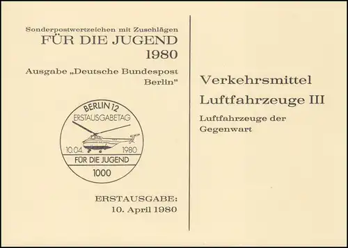 617-620 Aéronautique 1980, phrase dans la carte pliante Fondation Marques de jeunesse ESSt BERLIN