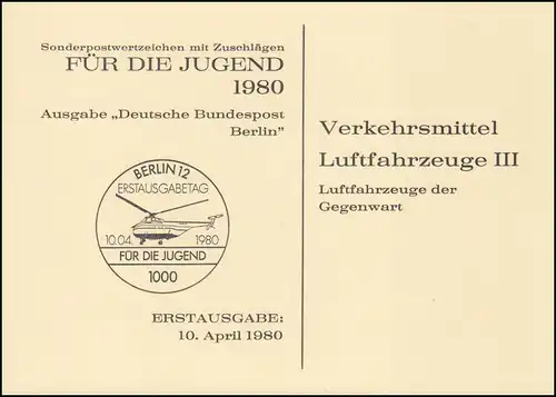 617-620 Luftfahrt 1980, Satz in Klappkarte Stiftung Jugendmarken ESSt BERLIN
