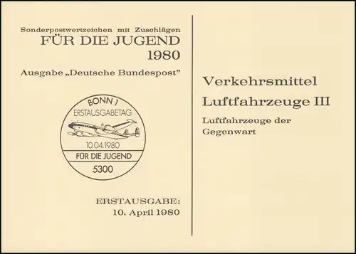 1040-1043 Luftfahrt 1980, Satz in Klappkarte Stiftung Jugendmarken ESSt BONN