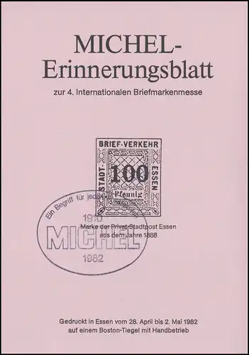 Sonderdruck MICHEL-Erinnerungsblatt Essen 1982: Privat-Stadtpost 1888 gestempelt
