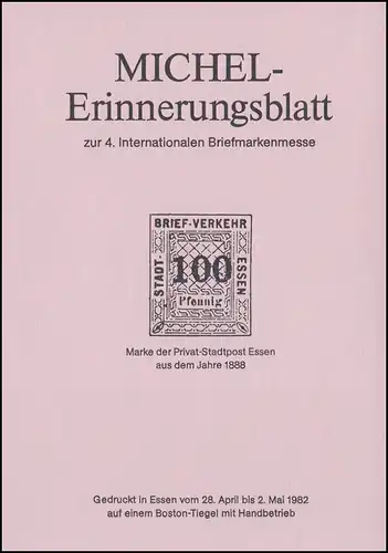 Sonderdruck MICHEL-Erinnerungsblatt Essen 1982: Privat-Stadtpost 1888 