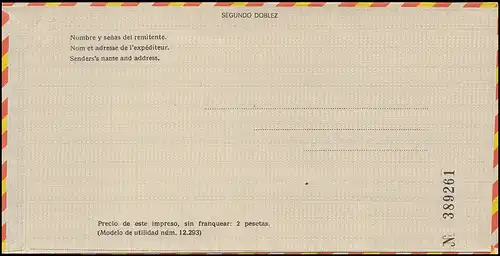 Espagne Lettre postale aérienne LF 102 cachet gratuit 15,00 pesetas, non utilisées