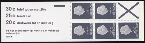 Markenheftchen 6y Königin Juliane 1972, Tarife, Kreuz oben, PB 6-f, mit ZB, **