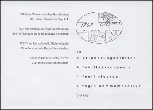 Schweiz PTT-Erinnerungsblätter Bundesstaat und Republik 1998, Folder mit 4 Stück