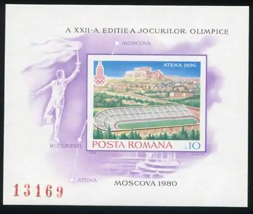 Rumänien Block 162 Olympia Moskau 1980: Athen Fackelläufer Stadion, ** / MNH