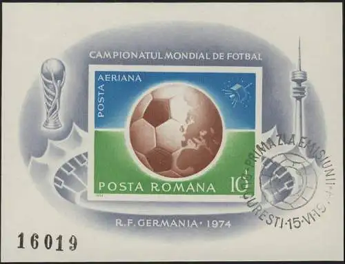 Roumanie Block 115 Football-WM Munich 1974, cacheté ESSt BUKAREST 15.6.1974