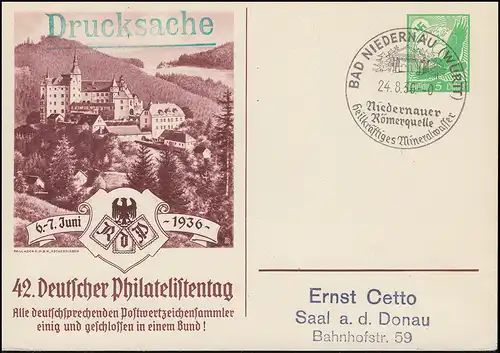 PP 142 Philatelistentag 1936 mit SSt BAD NIEDERNAU Römerquellen 24.8.1936