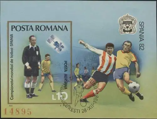 Roumanie Block 185 Coupe du Monde Espagne 1982 footballeur avec balle, ESSt 2812.81