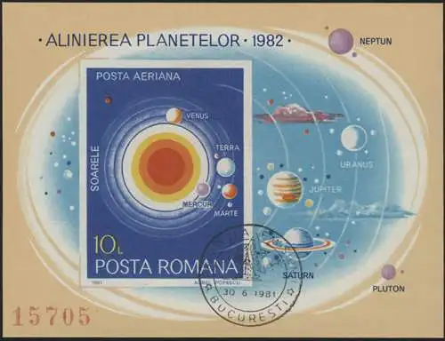 Roumanie bloc 182 Soleil et planètes 1981, cacheté ESSt BUKAREST 30.6.81