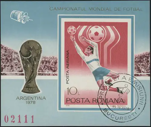 Roumanie bloc 150 Coupe du Monde Argentine gardien de but 1978, cacheté ESSt 15.4.78