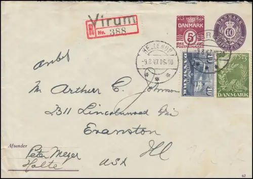 Danemark couverture U 52 chiffres 5+10 Öre Kz.62 lettre R Virum / HELLERUP 9.8.47