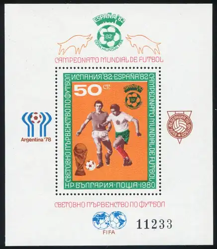 Bulgarien Block 104 FIFA Fußball-Weltmeisterschaft Spanien 1982, ** / MNH