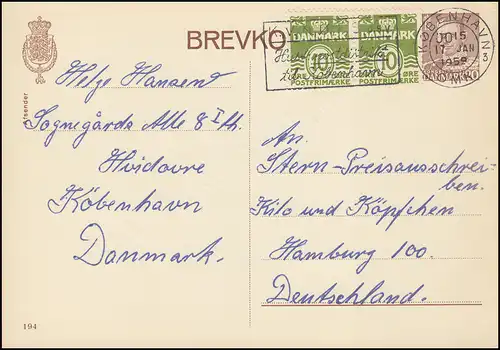 Dänemark Postkarte P 243II Frederik IX. 20 Öre, Kz. 194, KØBENHAVN 17.1.1959