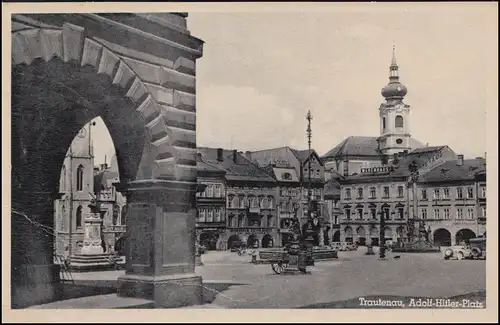 Ansichtskarte Trautenau Adolf-Hitler-Platz, TRAUTENAU 6.7.1943 nach Hinsbeck