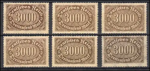 254 Infla 3000 Mark: Farbvarianten-Set mit 6 Marken, alle postfrisch ** / MNH