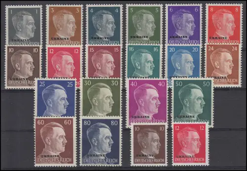 1 - 20 Aufdruck UKRAINE auf Hitler-Marken, Satz 20 Werte komplett ** postfrisch