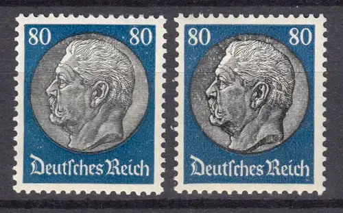 Hindenburg 80 pf. - 2 timbres: champ médian clair et sombre, les deux **