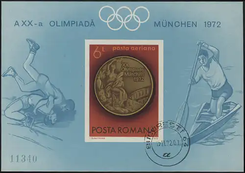 Roumanie Block 101 Olympia Munich 1972: médaille d'or, cacheté BUKAREST