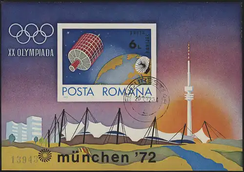 Rumänien Block 98 Olympia München 1972: Fernmeldesatellit Erdkugel, gestempelt
