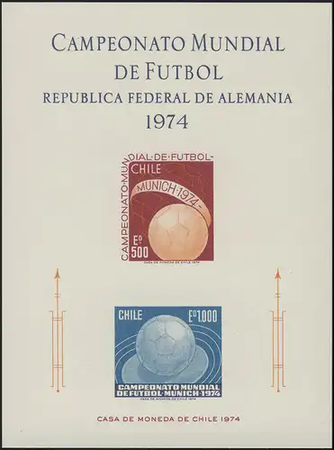 Chile Gedenkblatt 804-805 Fußball-WM München 1974, ohne Gummierung