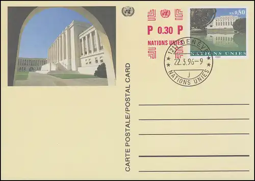 UNO Genf Postkarte P 12 Palais des Nations 0,80+30 Franken 1996, ESSt 22.3.1996