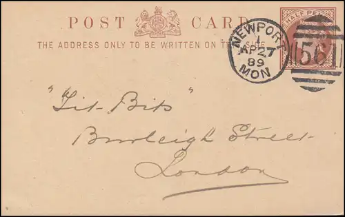 Großbritannien Pk Viktoria Half Penny DUP NEWPORT 561 - 27.4.1889 nach London