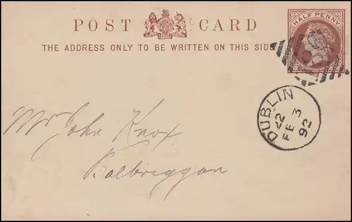 Royaume-Uni Pk Viktoria Half Penny DUBLIN 186 - 3.2.92 vers Balbriggan