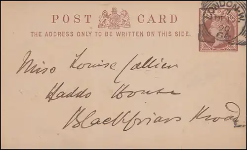 Großbritannien Postkarte Viktoria Half Penny Rost-Stempel LONDON 10.12.1890