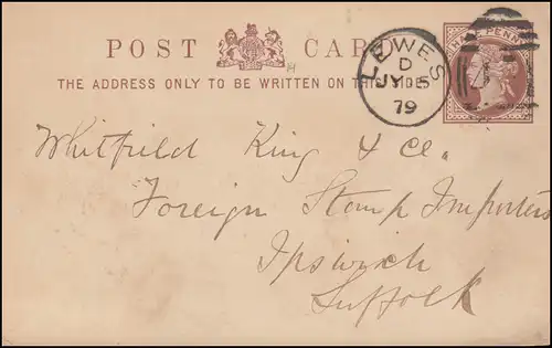 Großbritannien Postkarte Königin Viktoria Half Penny DUP LEWES 5.7.1879