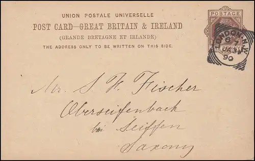 Royaume-Uni Carte postale P 18 rouille-temple LONDON N.W. 31.1.1890 n. Allemagne