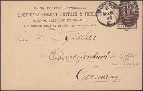 Royaume-Uni Carte postale P 18 DUP Londres BOW 12 - 8.11.1890 vers Oberseiffenbach