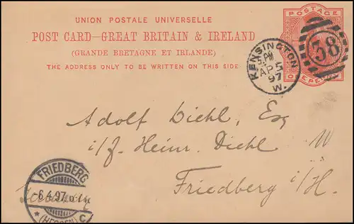 Großbritannien Postkarte P 26 DUP KENSINGTON 38 - 5.4.1897 nach FRIEDBERG 6.4.97