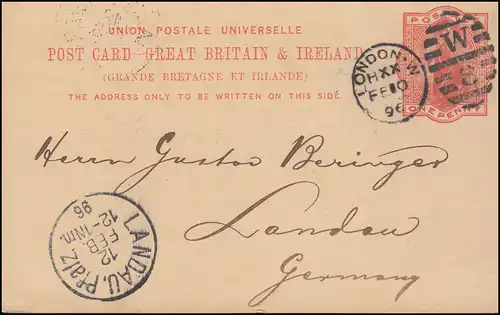 Royaume-Uni Carte postale P 26 DUP LONDON HXX - W 8 - 10.2.1896 selon LANDAU 12.2.