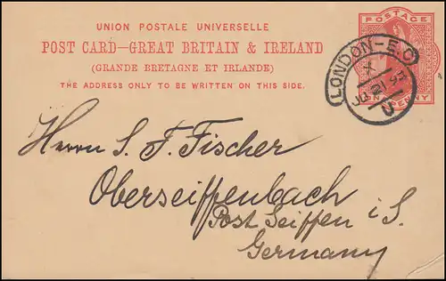 Großbritannien Postkarte P 26 Kreishaubenstempel LONDON - E.C. 21.6.1893