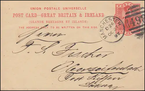 Großbritannien Pk P 26 DUP MANCHESTER 498 - 27.10.1892 nach Oberseiffenbach