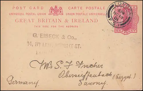Großbritannien Postkarte P 28 aus LONDON F.S.I. 18.11.1901 nach Oberseiffenbach