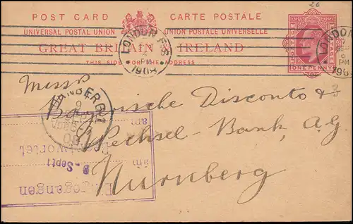 Großbritannien Postkarte P 31 Eduard VII. LONDON 7.9.1908 nach NÜRNBERG 9.9.08
