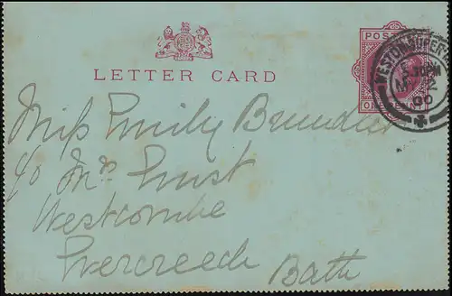 Großbritannien Kartenbrief K 1b  WESTON-SUPER-MARE 2.5.1900 / Ankunfts-O 2.5.00