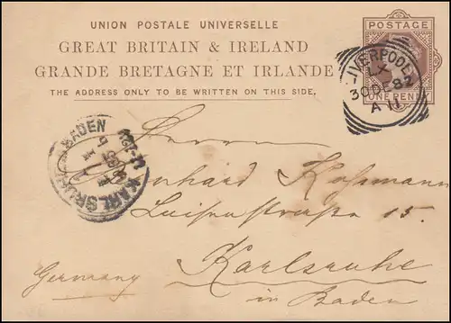 Großbritannien Postkarte P 16 Rost-Stempel LIVERPOOL LX 30.12.1882 n. Karlsruhe