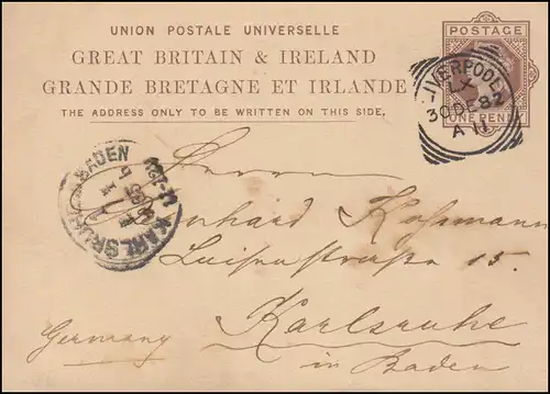 Royaume-Uni Carte postale P 16 Temple de rouille LIVERPOOL LX 30.12.1882 n. Karlsruhe
