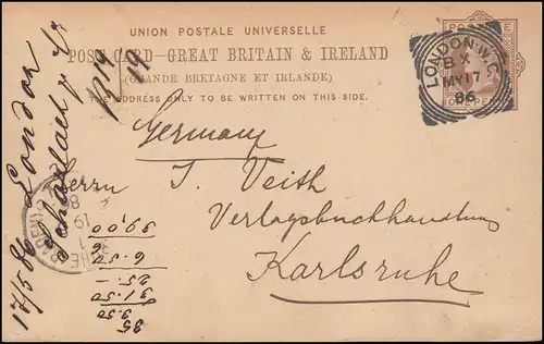 Royaume-Uni Carte postale P 18 Temple de rouille LONDON W.C. 17.5.1886 vers KARLSRUHE