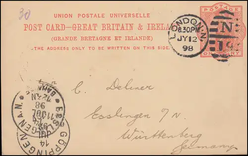 Großbritannien Postkarte P 26 DUP LONDON N 19 - 12.7.1898 nach ESSLINGEN 14.7.98