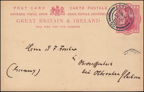 Großbritannien Postkarte P 28 aus LONDON W 59 - 11.12.1900 nach Oberseiffenbach