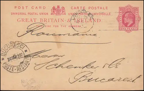 Großbritannien Postkarte P 31 Eduard VII. LONDON 25.9.1902 nach BUKAREST 30.9.02