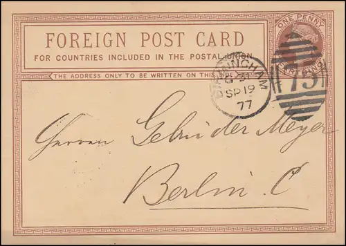 Royaume-Uni Carte postale P 4 EXCHANGE DUP BIRMINGHAM 75 - 19.9.1877 à Berlin