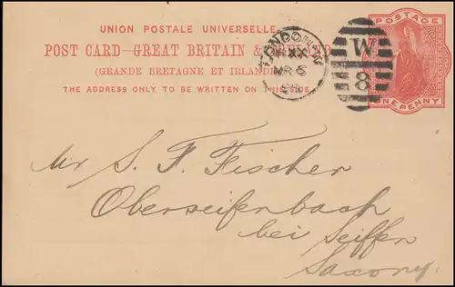 Großbritannien Postkarte P 26 DUP LONDON W 8 - 6.3.1893 nach Oberseiffenbach