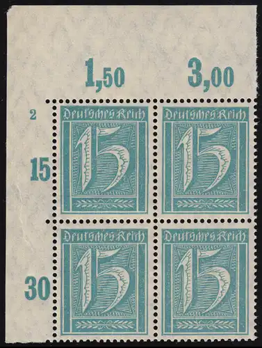 160 Ziffer 15 Pfennig: Eckrand-Viererblock mit Platten-Nummer 2, ungefaltet, **