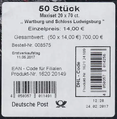 FB 67 Wartburg und Schloss Ludwigsburg, Folienblatt-BANDEROLE mit DHL-Code